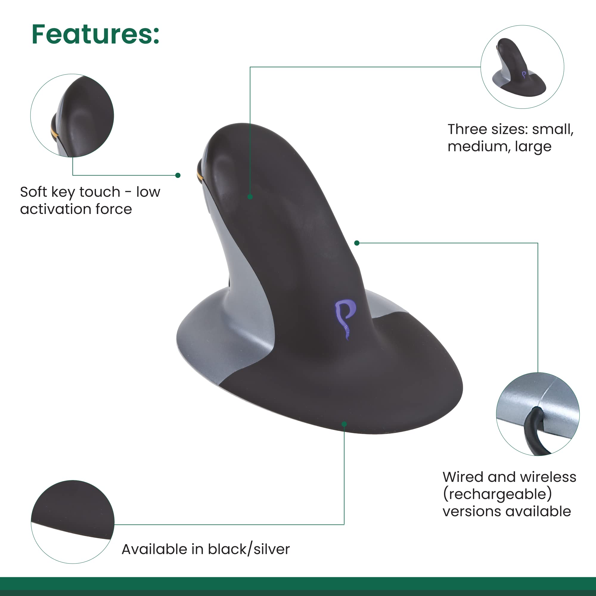 Posturite Penguin Ambidextrous Wireless Ergonomic Mouse | Rechargeable, Alleviates Rsi, Easy Glide, Vertical Design, Pc Computer
