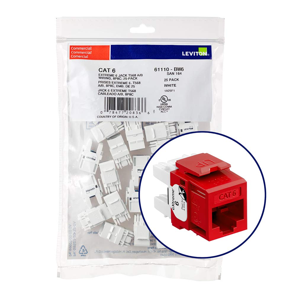 Leviton 61110-BC6 Extreme 6+ QuickPort Connector, CAT 6, Crimson, 25-Pack