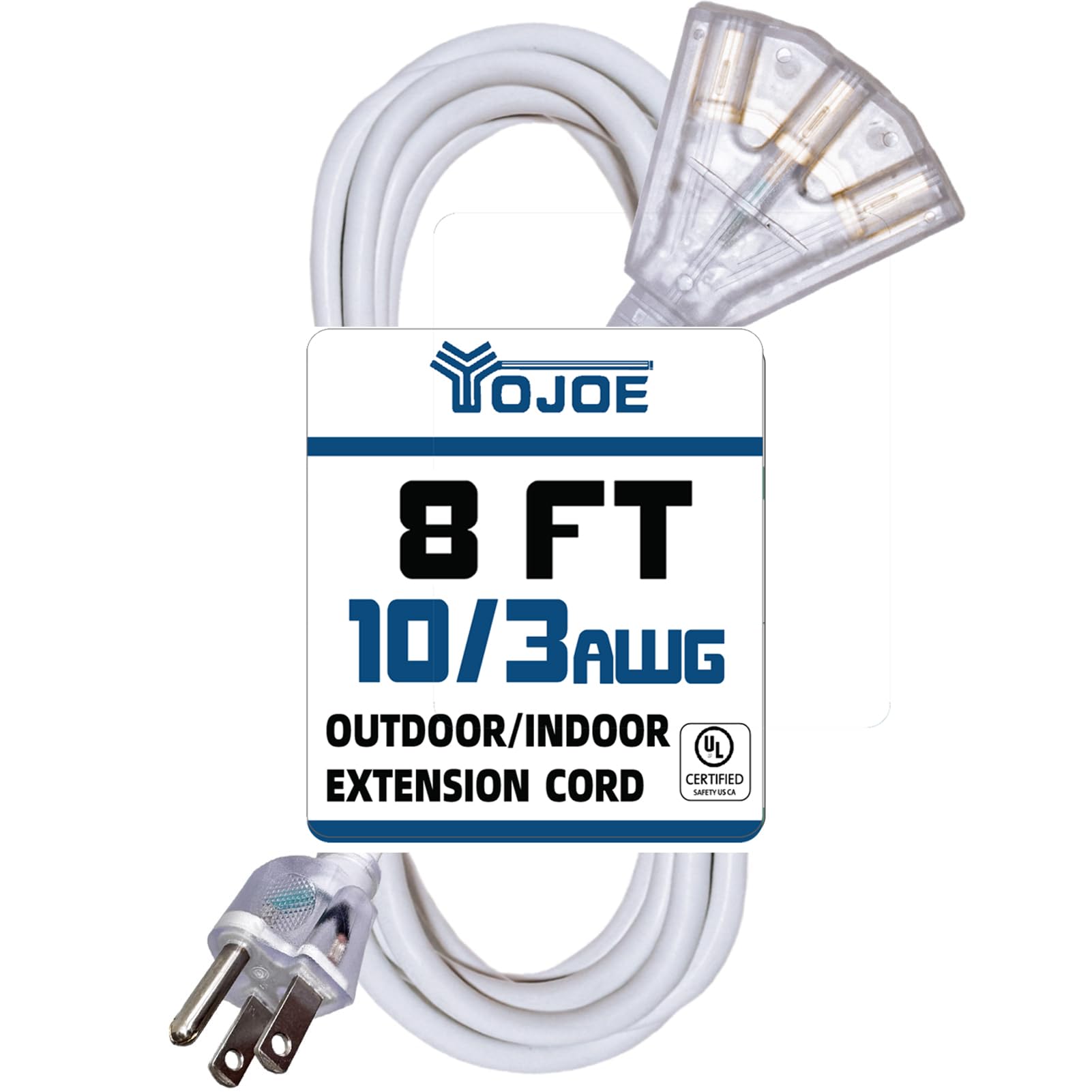 Yojoe 3 Outlets Indoor Outdoor Extension Cord With Lighted End, 3 Prong 15A Weatherproof Power Cord, 10 Gauge Heavy Duty 8 Ft Wh