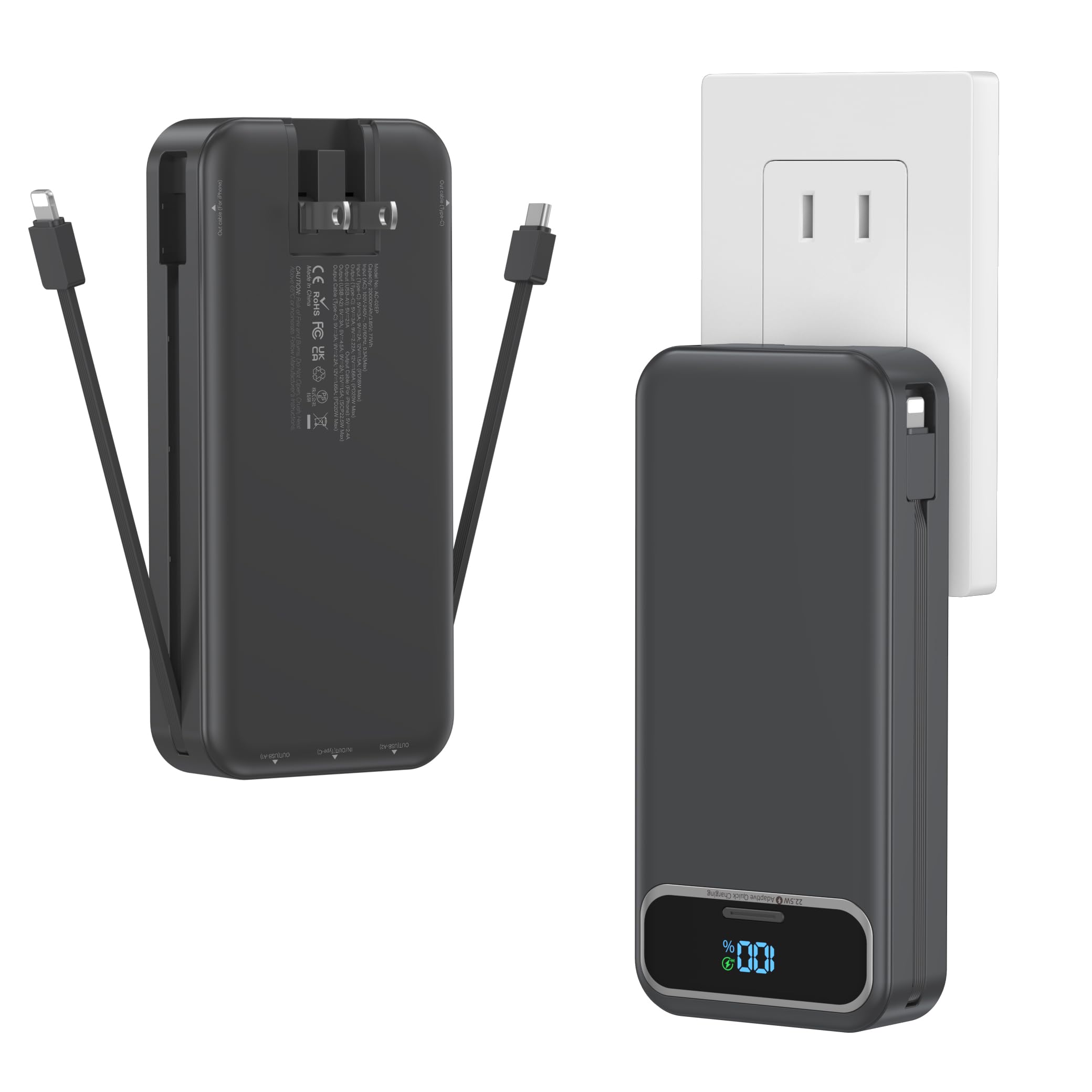 20000mAh Lightweight-Portable-Charger-Power-Bank with Built-in Cables and AC Wall Plug, PD20W USB-C Fast Charging Battery Pack, 