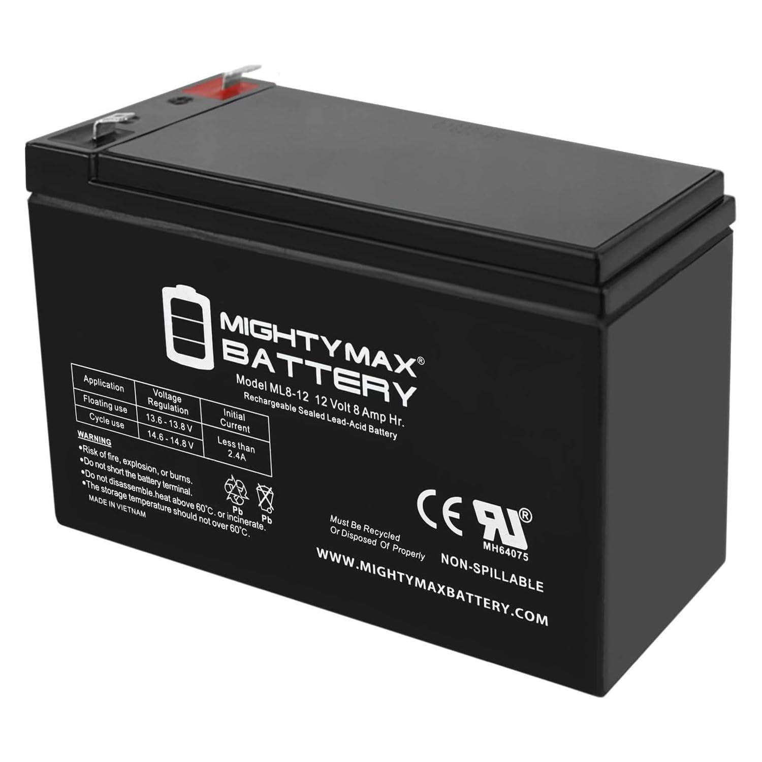 Mighty Max Battery 12 Volt 8 AH ML8-12 SLA AGM Rechargeable Battery F1 Terminal Black