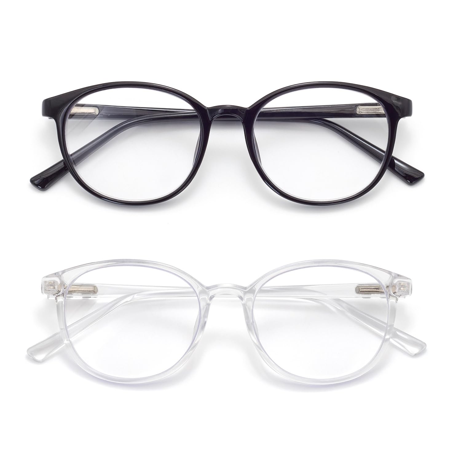 FoxMook 2-Pack Blue Light Blocking Glasses Round Women Men Computer Glasses Anti Eye Strain/UV/Glare Gaming Glasses, Black Trans