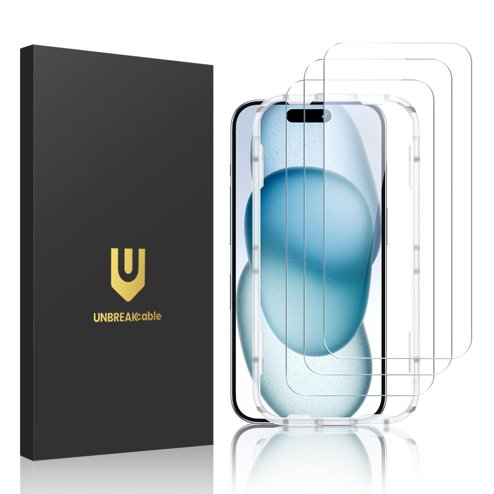 Unbreakcable 3 Pack Screen Protector For Iphone 15, Double Shatterproof Tempered Glass [Easy Installation Frame] [9H Hardness] [