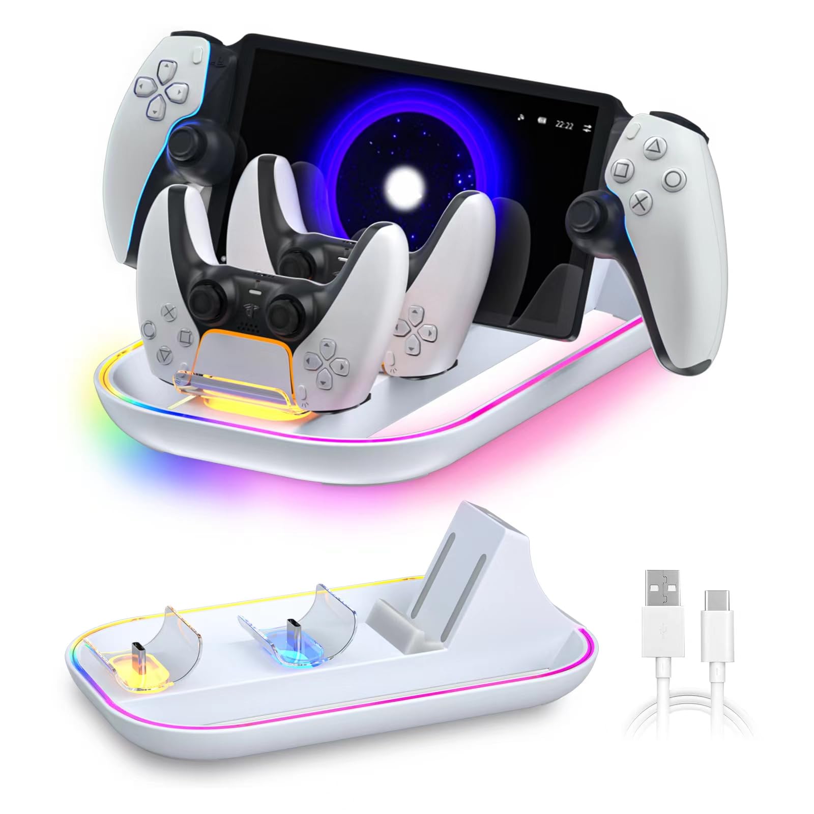 Charging Dock Station for PS Portal & PS5 Controllers - 3-in-1 RGB Charging Stand with Indicator, Type-C Cable, Dual Holder for