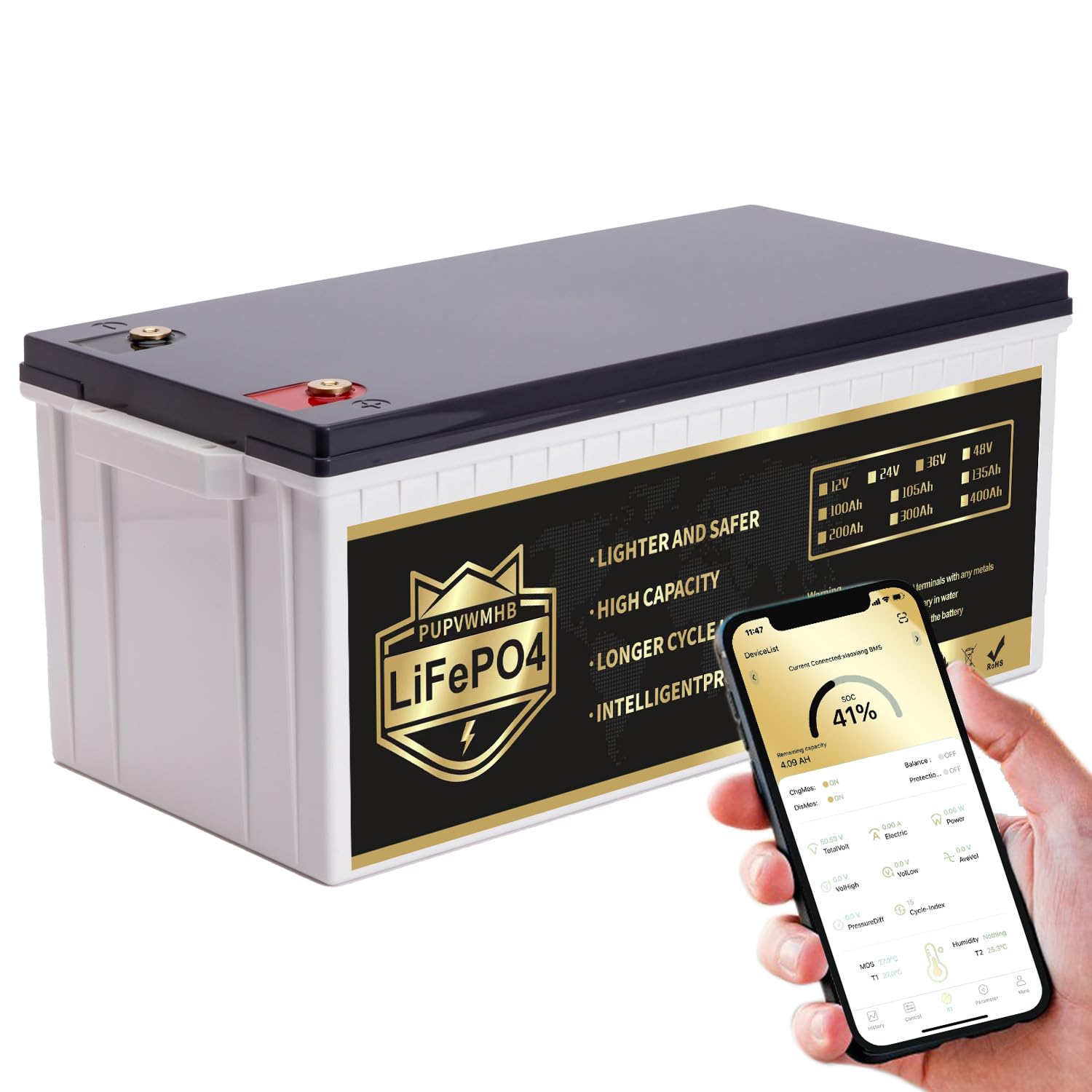 PUPVWMHB 12V200Ah Bluetooth LiFePO4 Lithium Battery, Built-in 200A BMS, Max.2560W Load Power,10 Years Lifetime 8000+ Cycles Deep