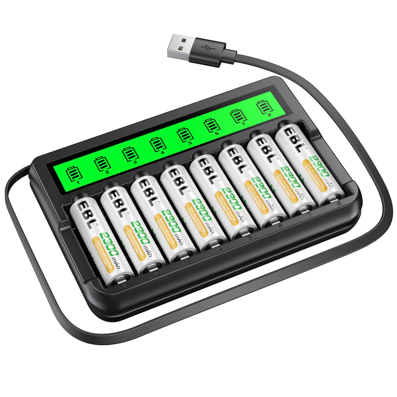 Ebl Rechargeable Aa Batteries (8 Pack) And Battery Charger With Built In Charging Cable, 2300Mah Ni Mh Double A Rechargeable Bat
