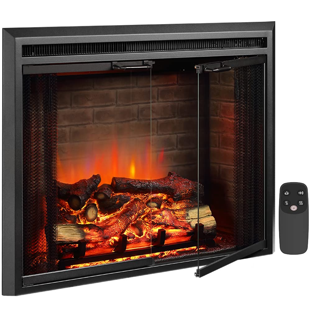 Puraflame Klaus Electric Fireplace Insert With Fire Crackling Sound, Glass Door And Mesh Screen, 750/1500W, Black, 33 1/16 Inche