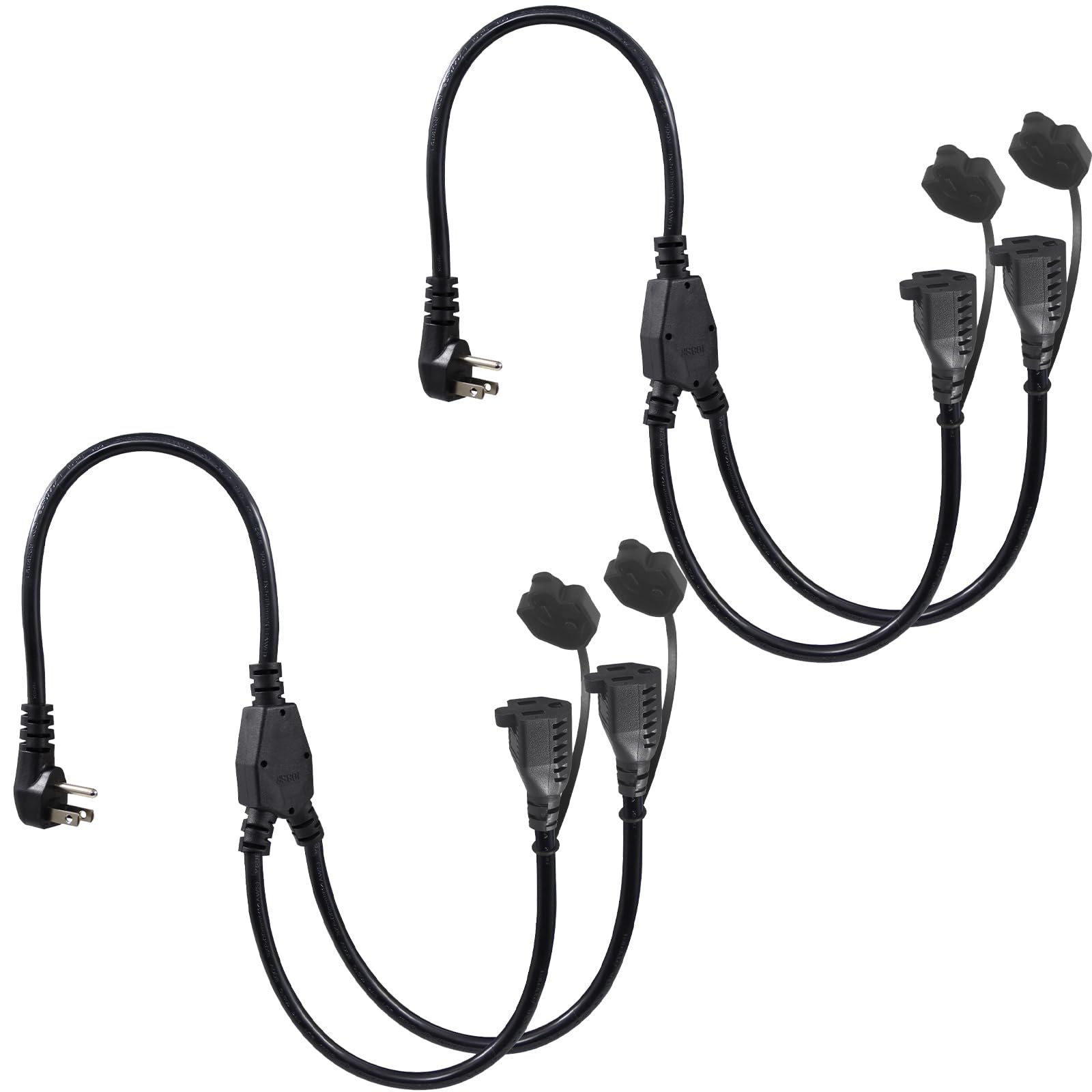 [2Pack] 2Ft Outdoor Extension Cord Splitter   90 Degree Flat Plug Black 2 Way Waterproof Power Cord Y Splitter,1 To 2 Extension