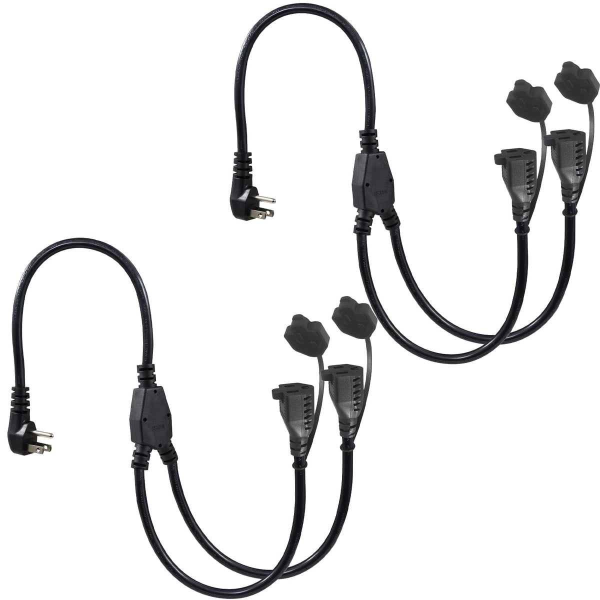 [2Pack] 2Ft Outdoor Extension Cord Splitter   90 Degree Flat Plug Black 2 Way Waterproof Power Cord Y Splitter,1 To 2 Extension