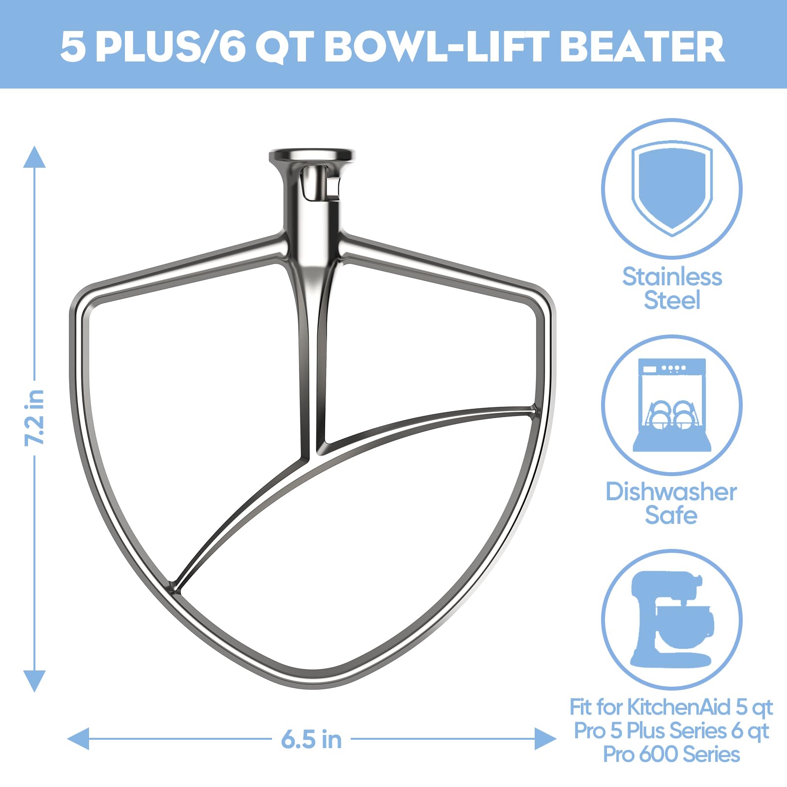 Stainless Steel Flat Beater For Kitchenaid 5Plus/6 Qt. Bowl Lift Stand Mixers, Paddle Attachment For Kitchenaid Mixer, Dishwashe