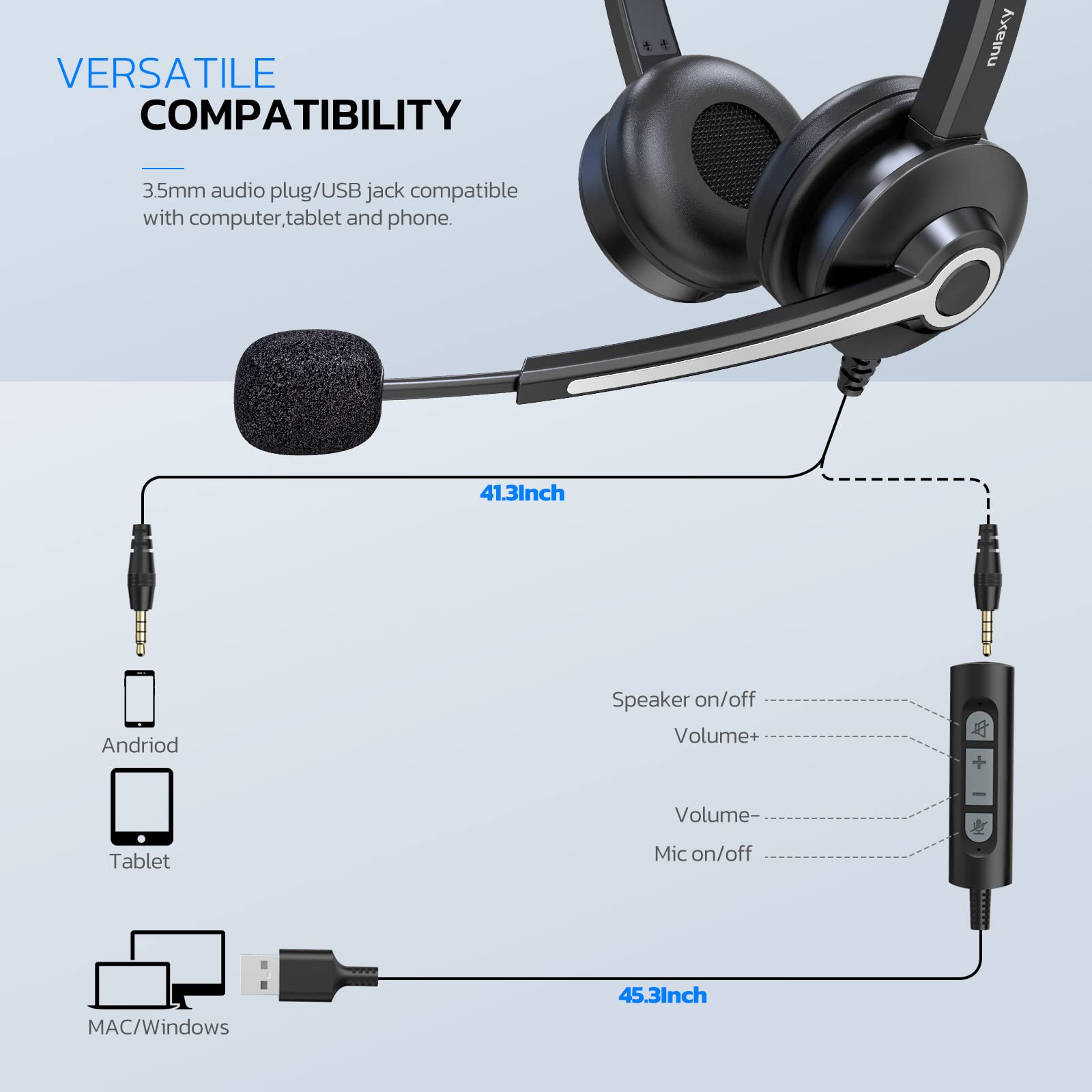 Nulaxy Computer Headset With Microphone, Wired Usb Headset For Laptop Pc, 3.5Mm Jack Inline Control Headphone With Noise Cancell