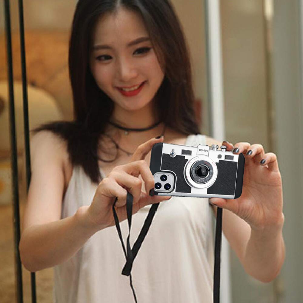 Awsaccy iPhone 14 Pro Max Phone Case Emily in Paris Vintage Camera Design Silicone Black with Neck Strap Lanyard