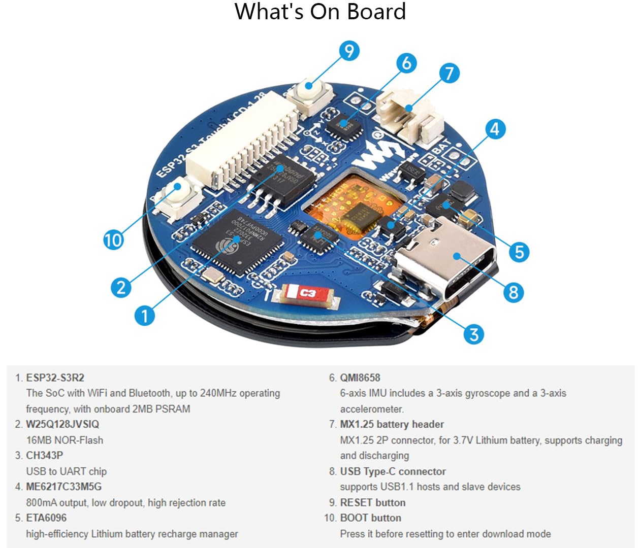 Waveshare Esp32 S3 Development Board With 1.28Inch Round Touch Lcd, Accelerometer And Gyroscope Sensor, 240  240 Pixel 65K Color