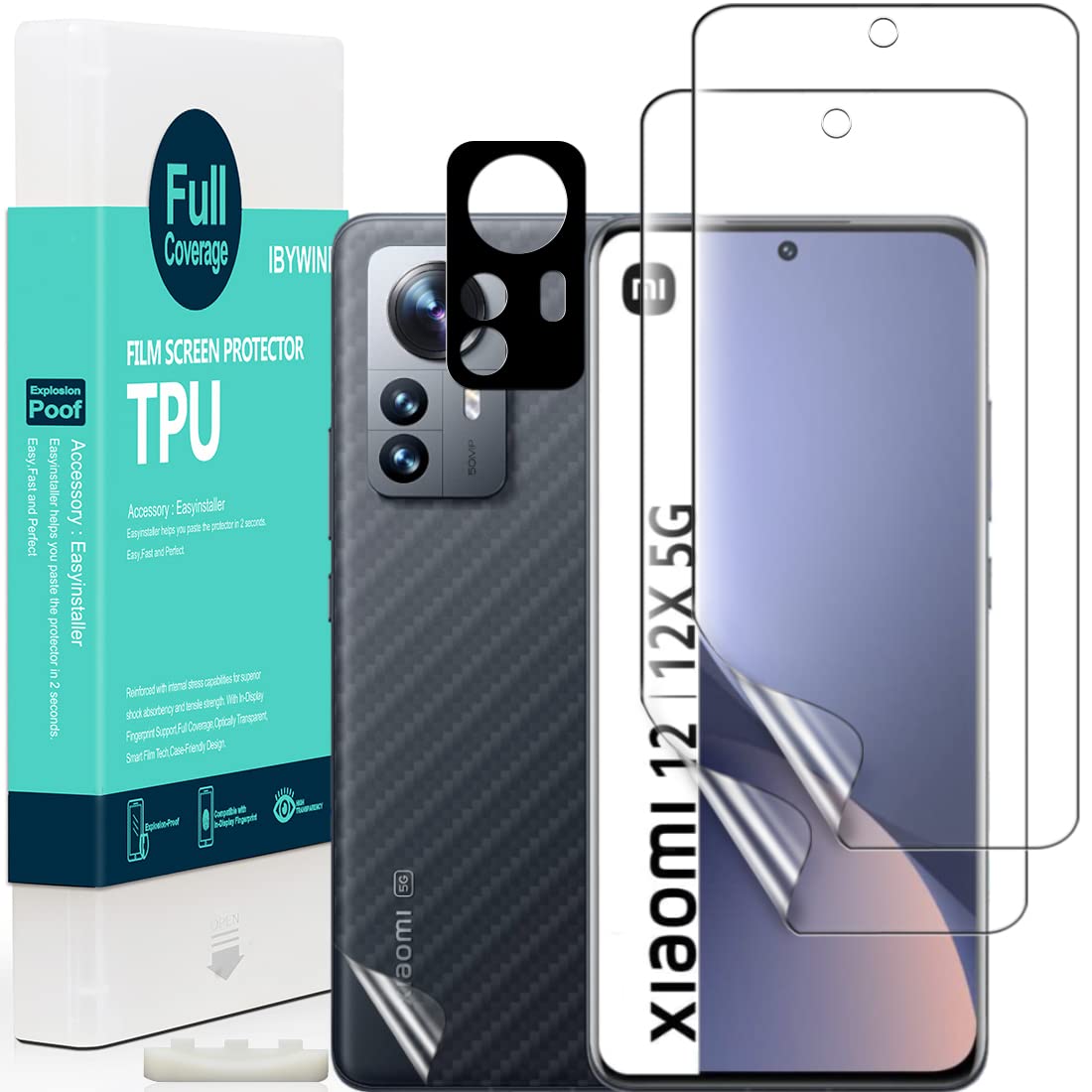 Ibywind 2 Pcs Screen Protector For Xiaomi Xiaomi 12/12X 5G 6.28,Flexible TPU Film,With 1Pc Camera Lens Protector,1Pc Back Film,B