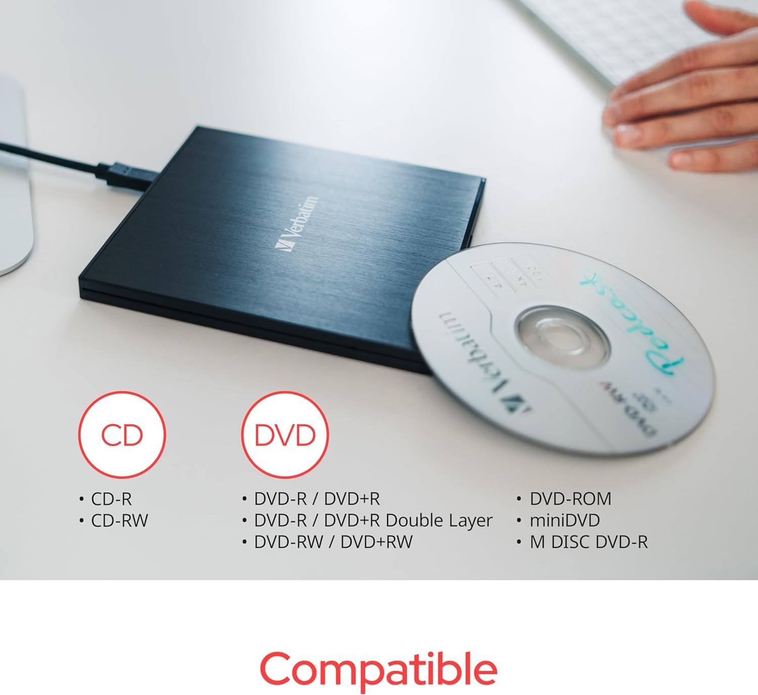 Verbatim Slimline Cd / Dvd Drive - External Usb 2.0 Cd Dvd +/-Rw Burner For Laptops And Notebooks With M-Disc Support - Mac & Pc