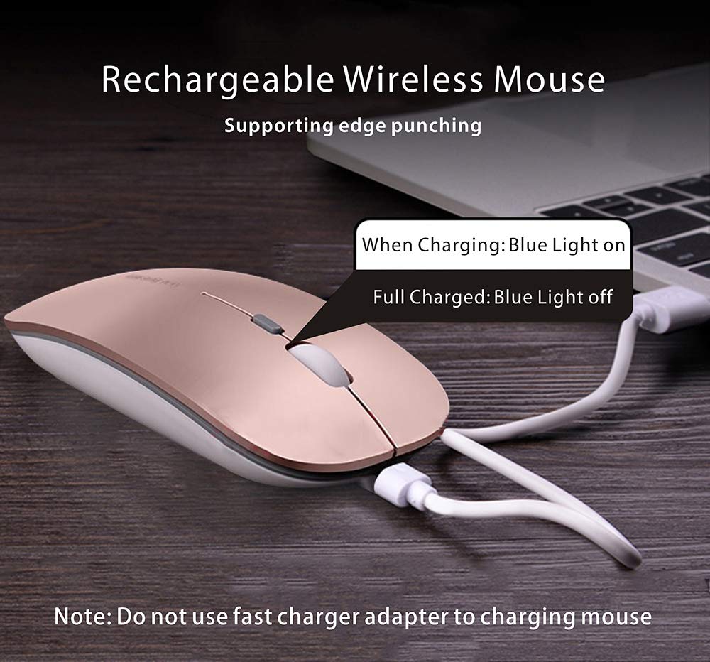 Uciefy Q5 Slim Wireless Mouse - Rechargeable, Silent, Portable, USB & Type C Adapter, Rose Gold