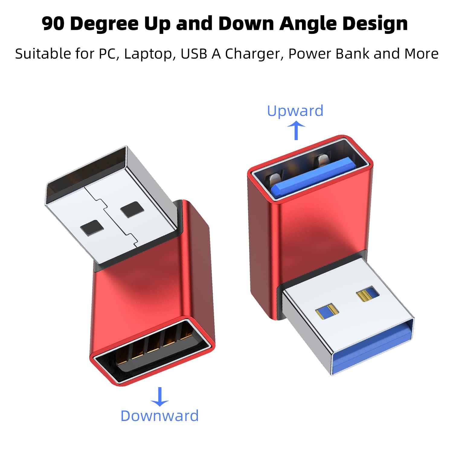 Areme 90 Degree Usb 3.0 Adapter 2 Pack, Up And Down Angle Usb A Male To Female Converter Extender For Pc, Laptop, Usb A Charger, Power Bank And More (Red)