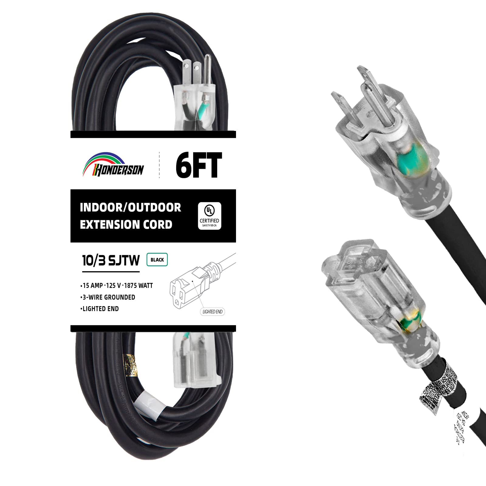 Honderson Indoor Outdoor Extension Cord Weatherproof With Lighted End, Ul Listed, 10 Gauge 6Ft Black 3 Prong Heavy Duty Extensio