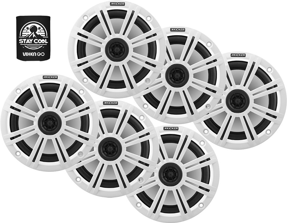 KICKER 6.5 Marine Speakers (3 Pairs) OEM Replacement Coaxial Speakers for Boat with White Grilles 4-ohm. Water and Weather Resis