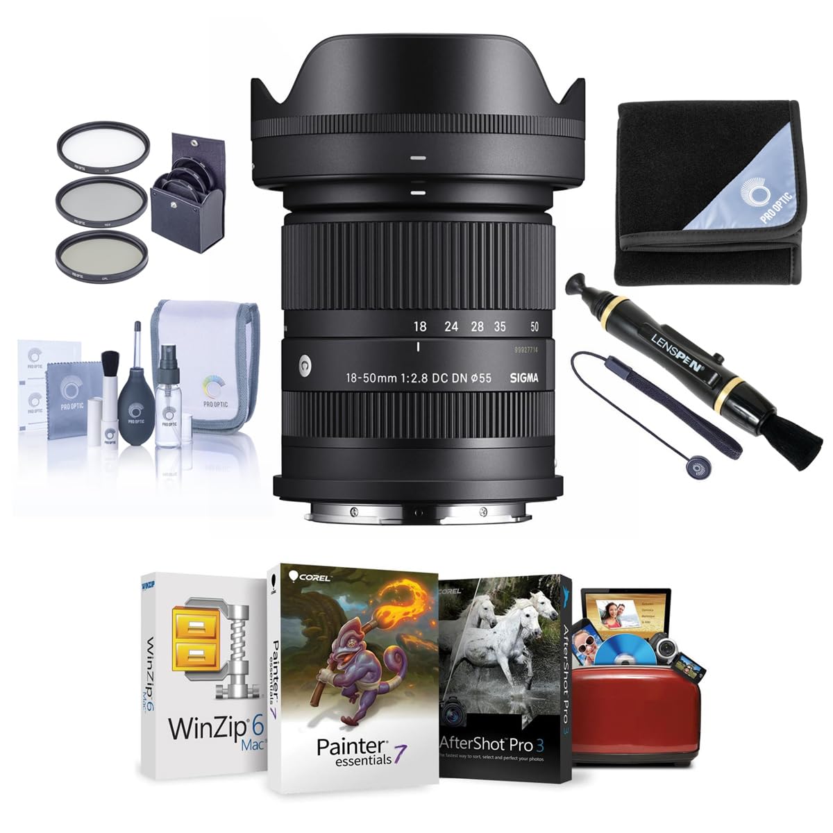 Sigma 18-50mm f/2.8 DC DN Contemporary Lens for Sony E, Bundle with 55mm Filter Kit, Lens Cleaner, Lens Wrap, Lens Cap Tether, C