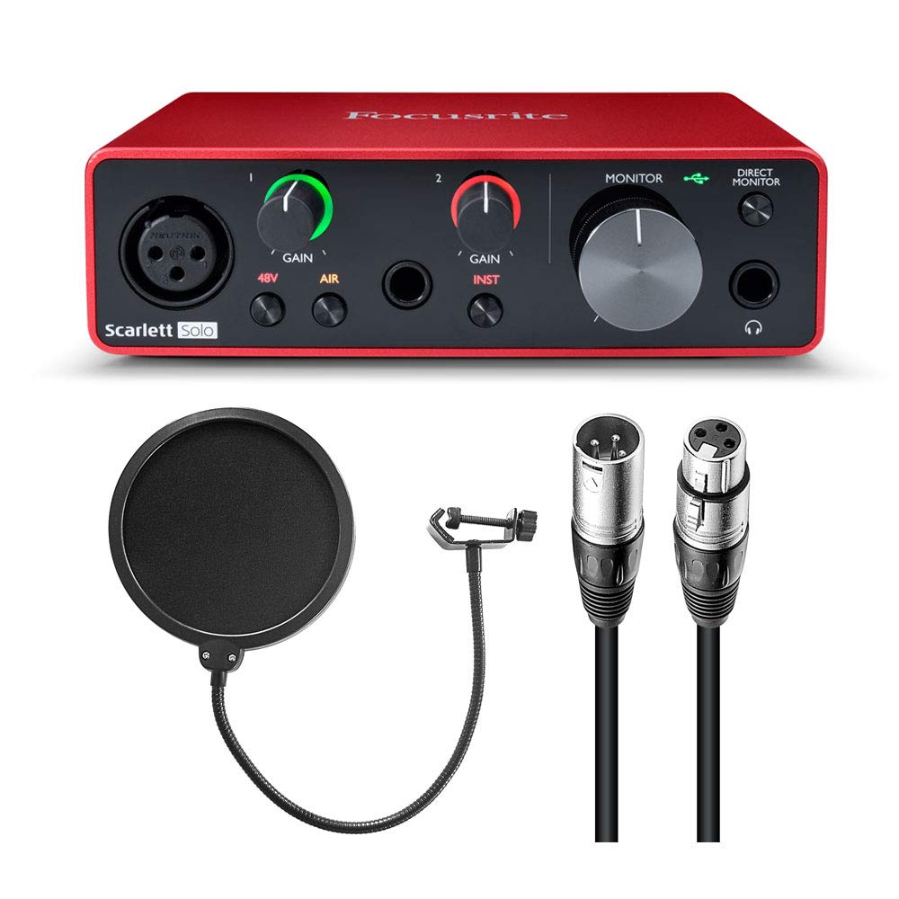 Focusrite Scarlett Solo 3Rd Gen Usb Audio Interface Bundle With 25 Feet Xlr Male To Xlr Female Microphone Cable, And Pop Filter 