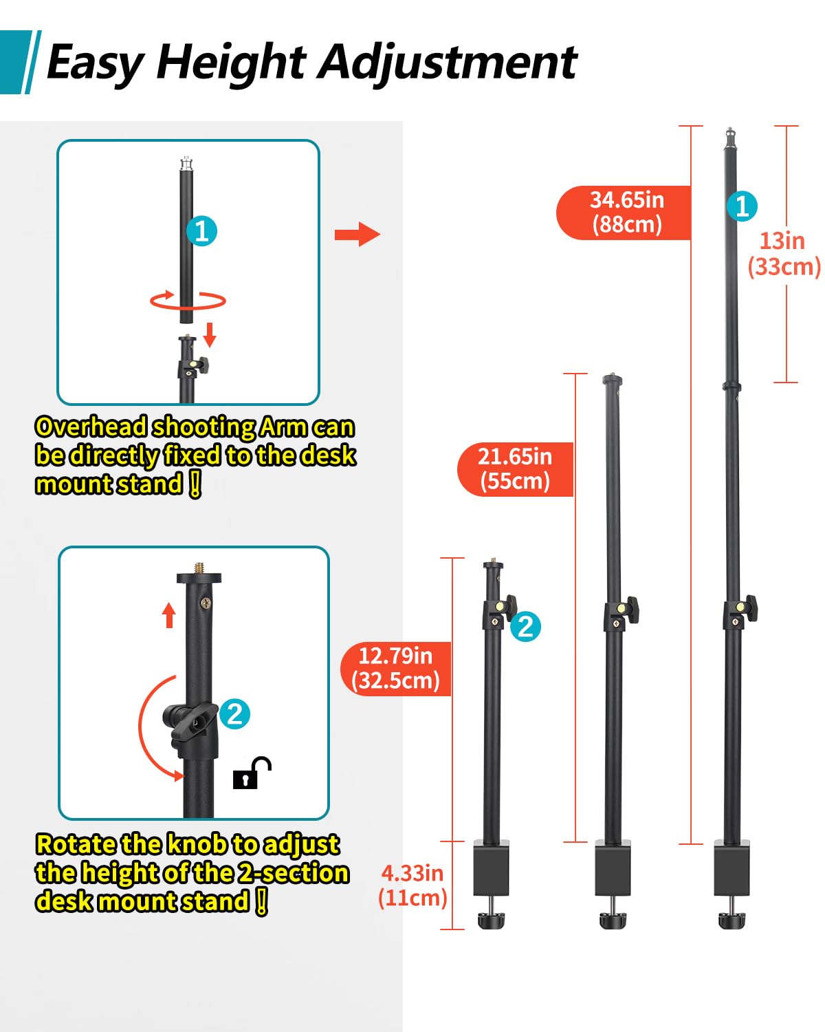 Jebutu Overhead Camera Mount Desk Stand With 360Adjustable Holding Arm, Camera Mount Boom Arm Stand, Webcam Desk Mount With Magi