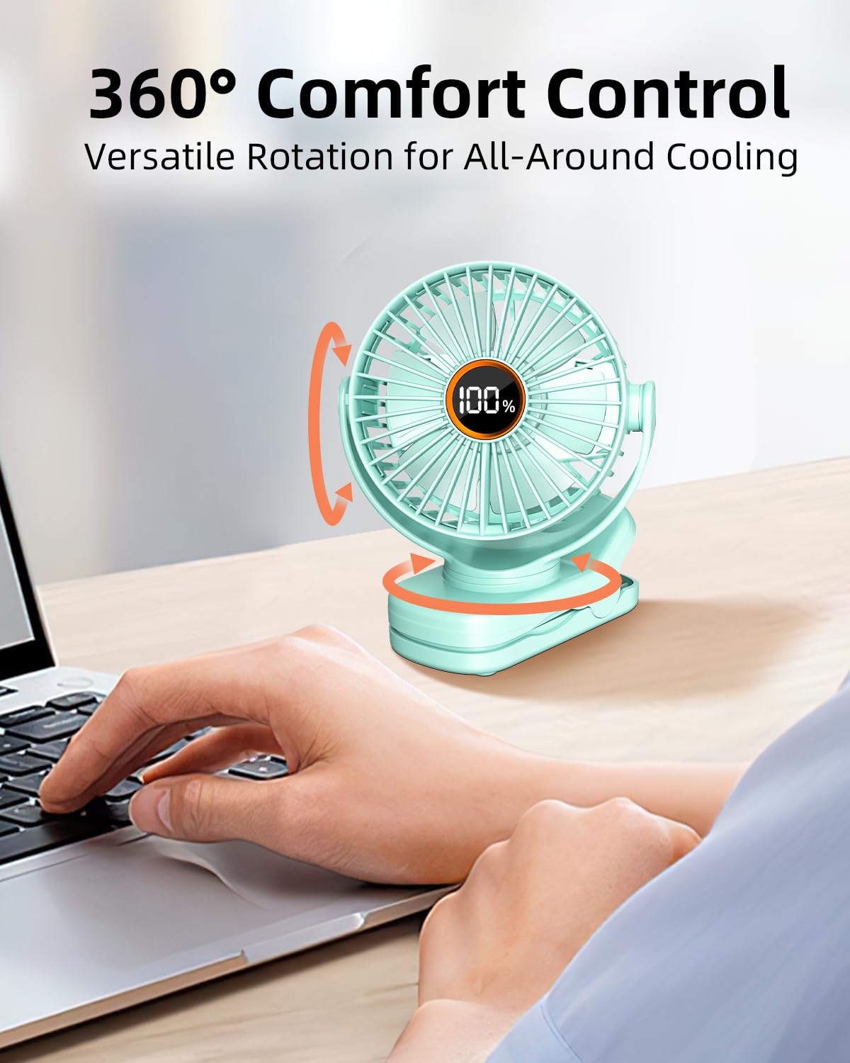 Buywoo Portable Desk Fan, Battery Powered Stroller Fan With Strong Clamp Grip, 360 Rotation, 3 Speed & Led Display, Small Rechar
