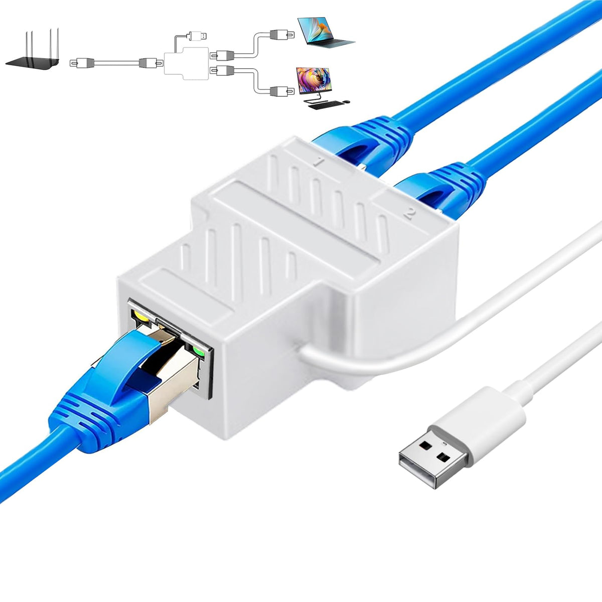 Pushua White Ethernet Splitter 1 To 2, 100Mbps Lan Splitter 1 In 2 Out(2 Devices Simultaneous Networking), Dual Rj45 Splitter Ad