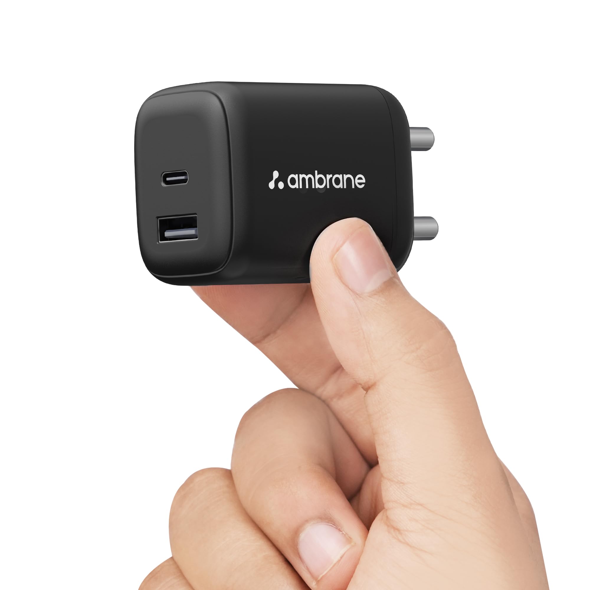 Ambrane 45W Dual Port GaN Charger, USB & Type C Port with QC & PD Technology Compatible with MacBook & TypeC Laptop Charging, i