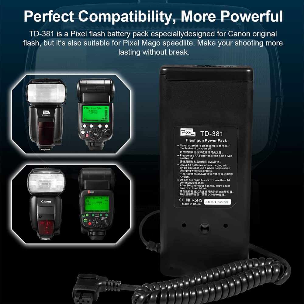 Pixel Td 381 External Hot Shoe Flash Battery Pack Speedlite Battery Box Compatible With Canon 600Ex Ii Rt, 600Ex Rt, 600Ex, 580E