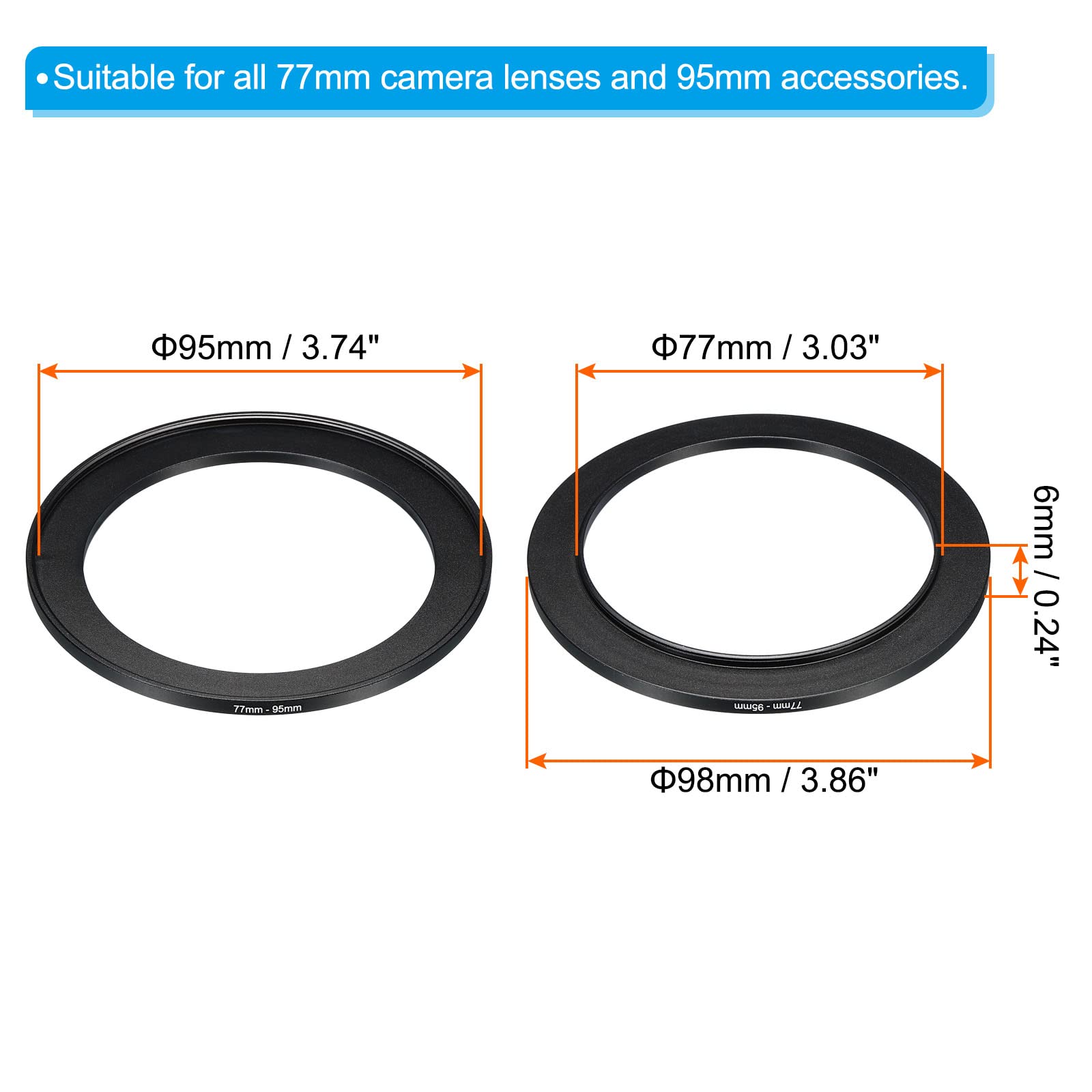 Patikil 77Mm 95Mm Metal Step Up Ring, Camera Lens Filter Adapter Ring Aluminum Filter Adapter Ring For Camera Lenses Hood, Black