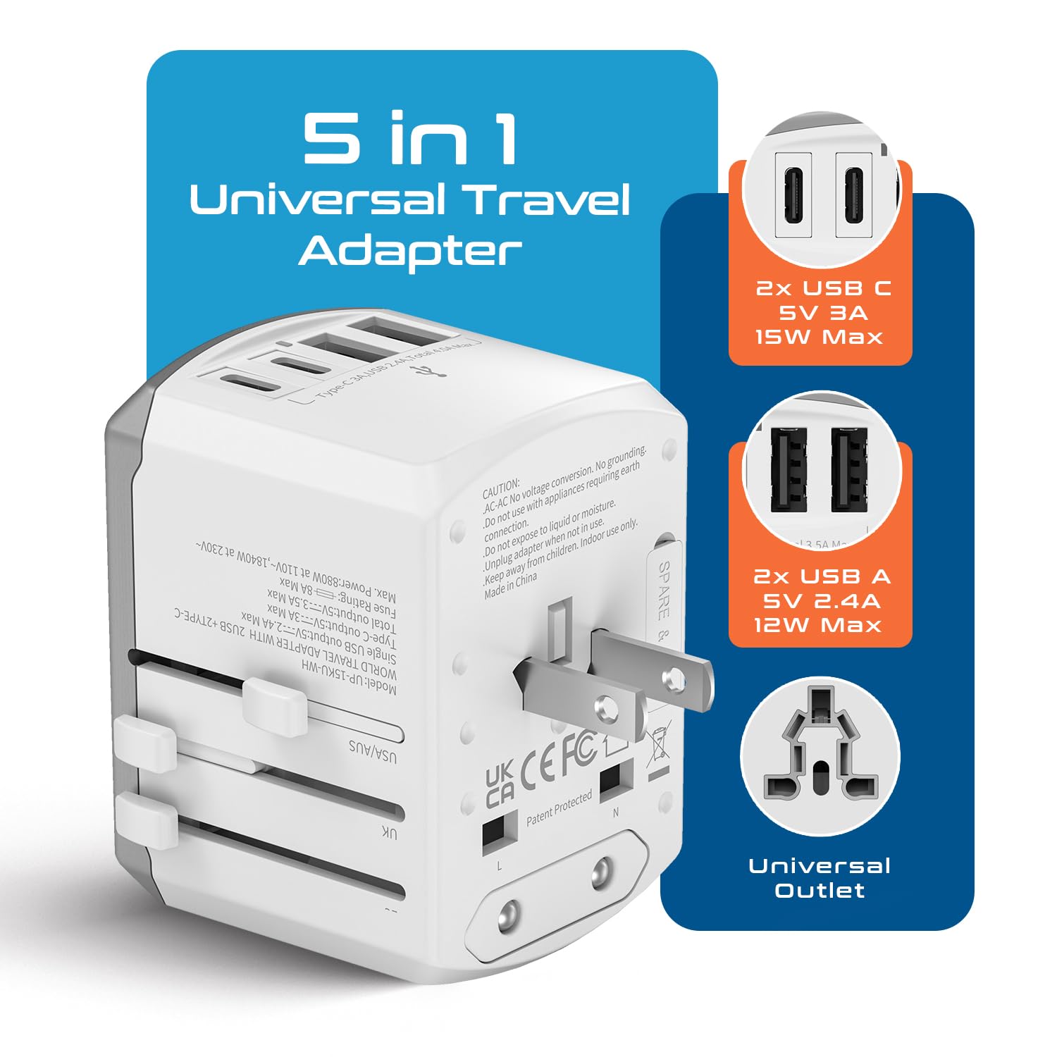 Ceptics Universal Travel Adapter 17.5W, 5 In 1 Universal Laptop Charger With 2X Usb A & Usb C 3.5A For Mobiles, Laptops, Cameras