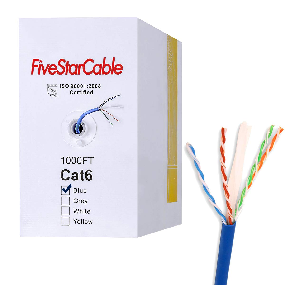 FiveStarCable Cat6 1000ft Twisted Pair 23AWG Solid UTP Network Ethernet Router Cable, 550Mhz, PVC RJ45 Wire Bulk Pull Box, Blue