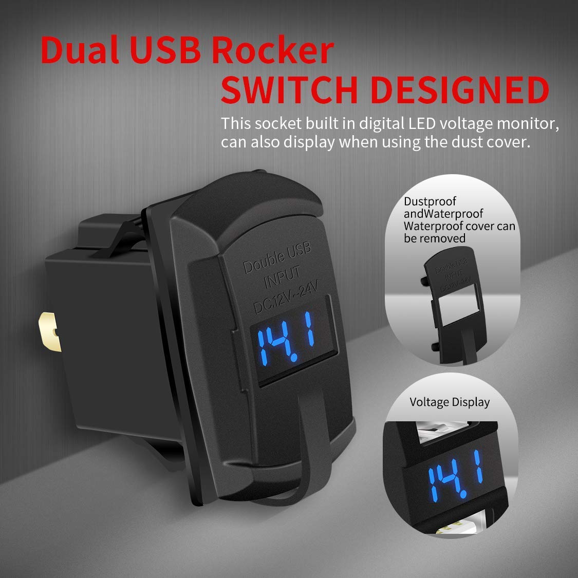 Daiertek Marine Usb Rocker Switch 12V Dual Charger Ports 4.2A Waterproof Outlet Socket With Blue Led Digital Voltmeter For Rocke