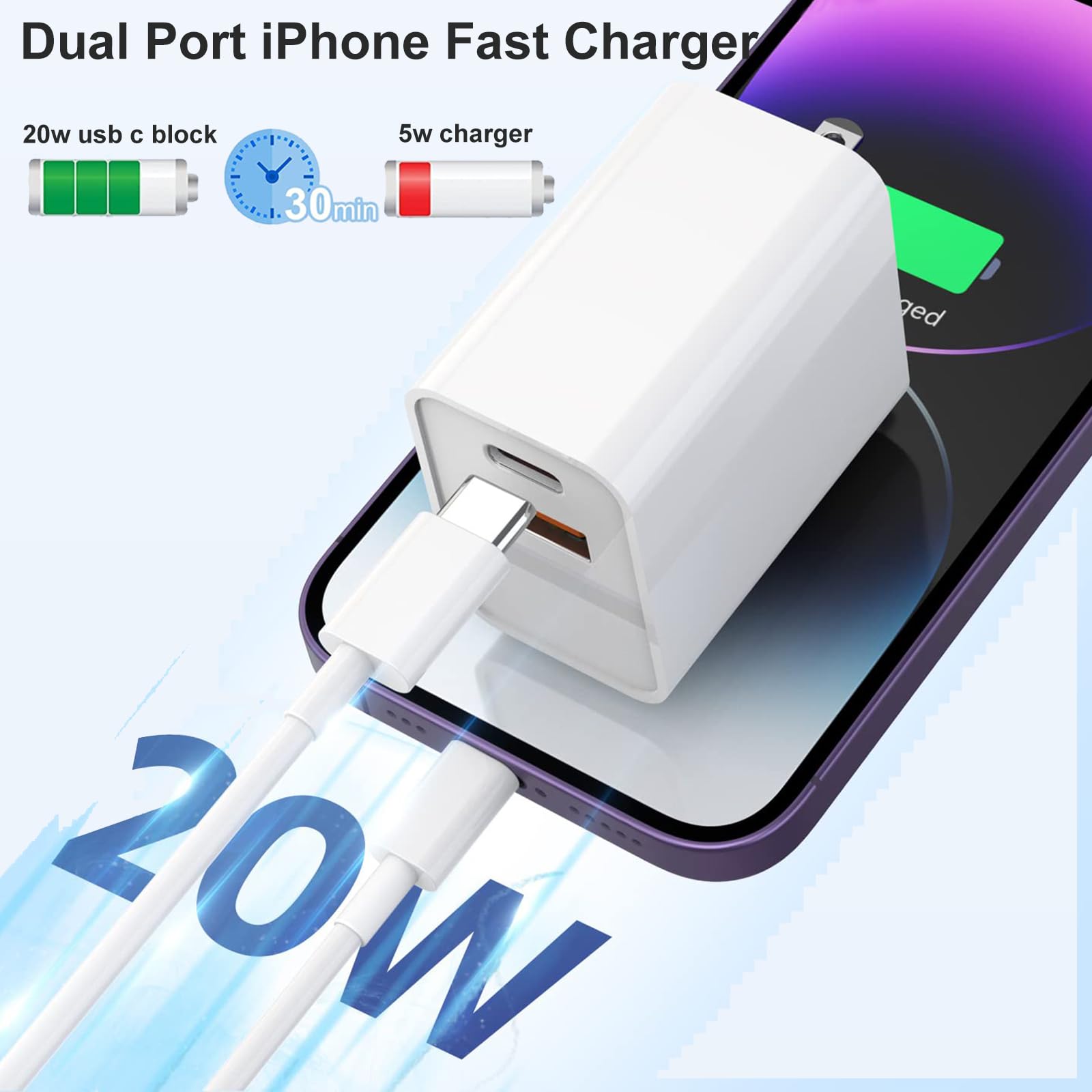 Usb C Wall Charger,Dual Port 10Ft Iphone Charger 20W Pd+Qc3.0 Power Adapter Fast Charging Block Plug With 10Ft Usb C To Lightning Cable For Iphone 14/14 Pro/14 Pro Max/13/12/11/Pro Max/Xs/Xr/X/Airpods
