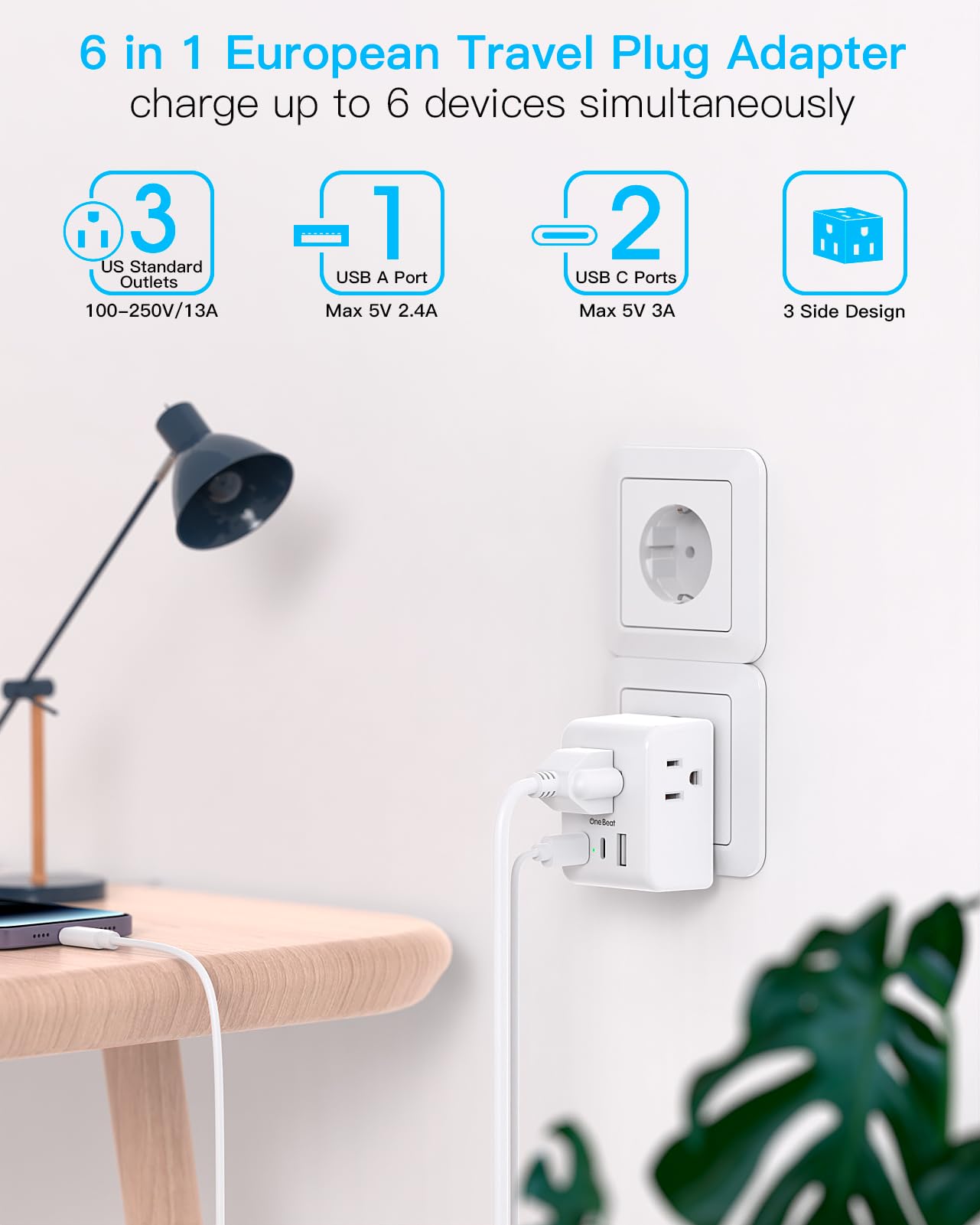 2 Pack European Travel Plug Adapter, One Beat International Power Plug Adapter With 3 Outlets 1 Usba 2 Usb C, Type C Plug Adapte