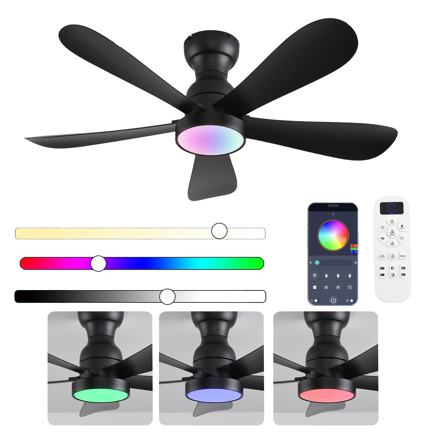 NKPU 42 Inch Black Ceiling Fans with Lights and Remote/App Control, Flush Mount Ceiling Fan With RGB Dimmable Light, Noiseless M