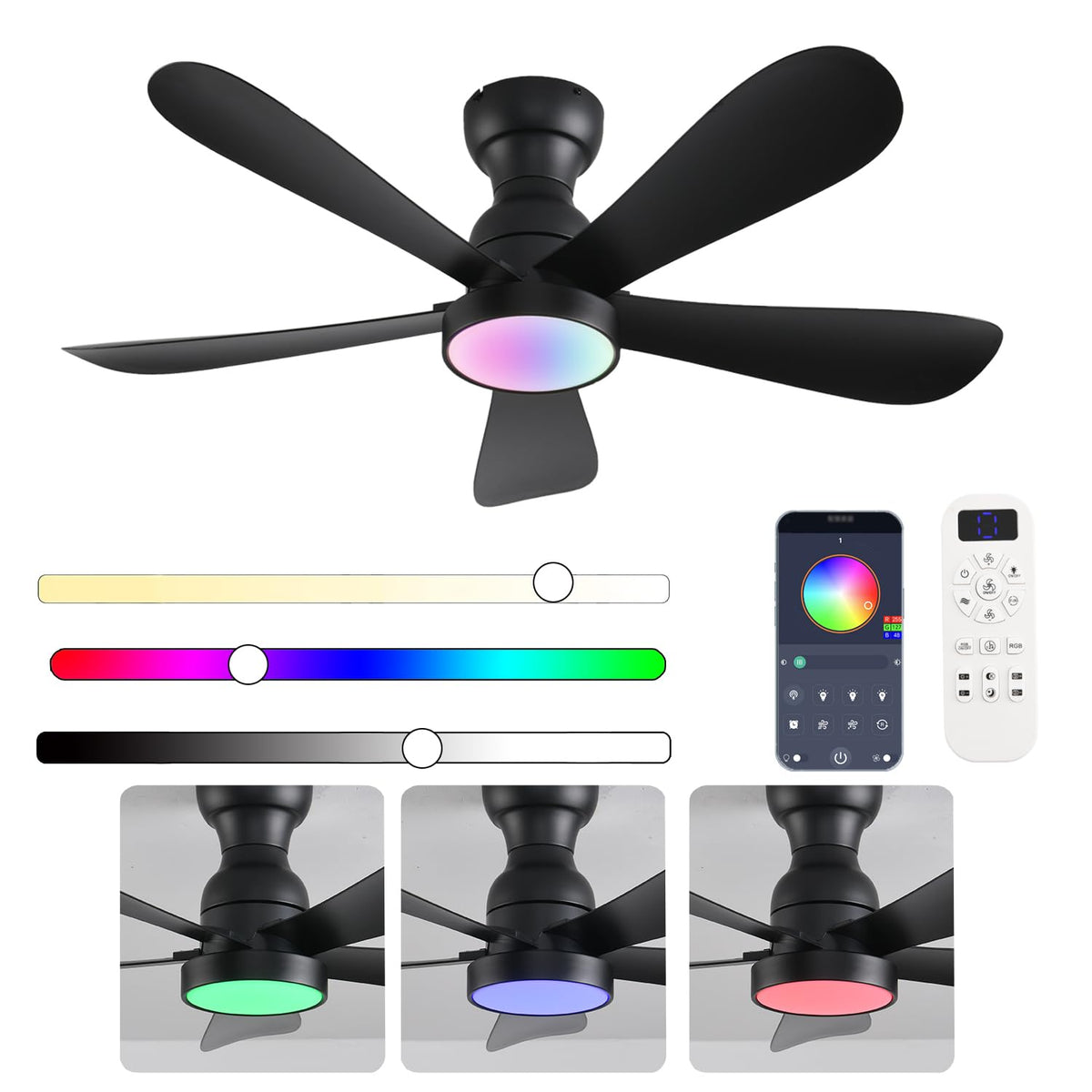 Nkpu 42 Inch Black Ceiling Fans With Lights And Remote/App Control, Flush Mount Ceiling Fan With Rgb Dimmable Light, Noiseless M