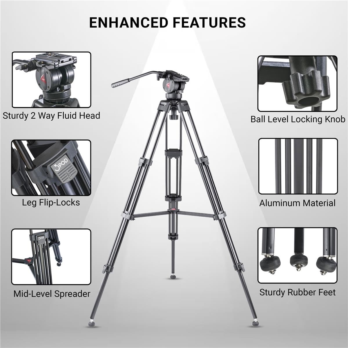 3Pod V3Ah 3 Section Aluminum Video Tripod For Camera, Professional Camera Tripod With 2 Way Fluid Head, Mid Level Spreader, Quick Release Plate, Max Load 8.8 Lbs., 61' Max Height Heavy Duty Tripod