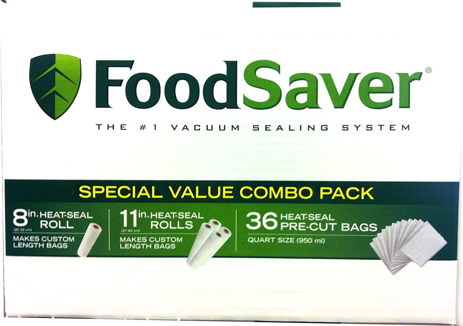 Foodsaver B005Siqkr6 Special Value Vacuum Seal Combo Pack 1 8'' 4 11'' Rolls, 1Pack (36 Pre Cut Bags), Clear