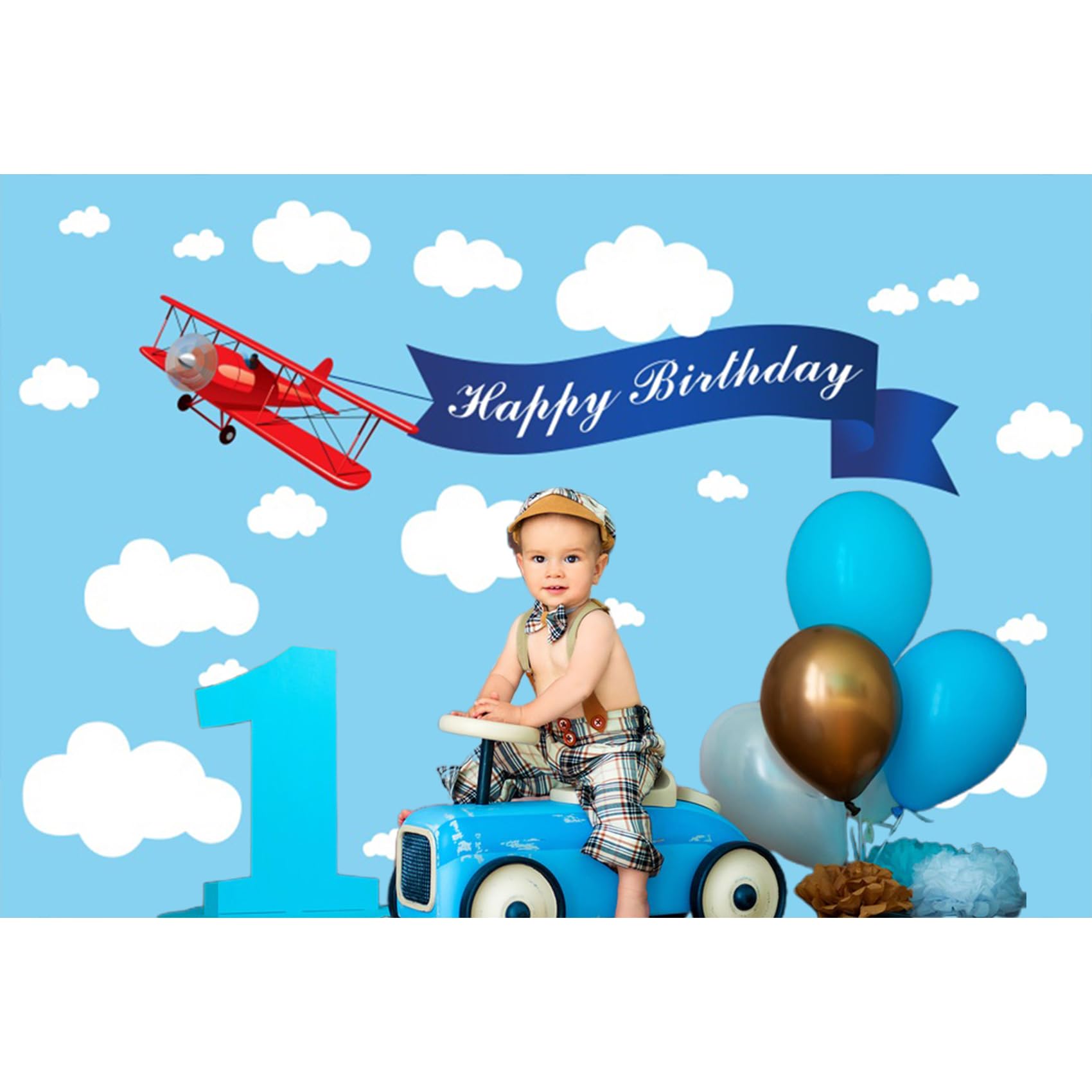 Baocicco 7X5Ft Happy Birthday Red Plane Backdrop Cartoon Plan Blue Sky White Cloud Happy Birthday Photography Background Birthday Party Backdrop Boy Girl Photo Portraits Studio Video Props Booth
