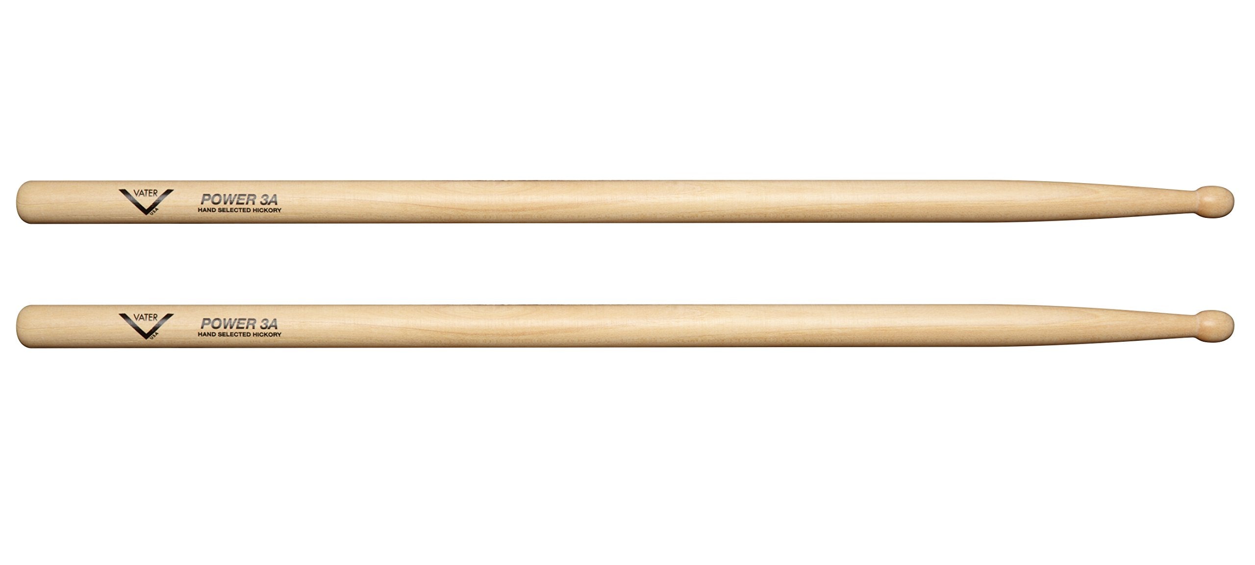 Vater 3A Power Wood Tip Hickory Drumsticks, Pair