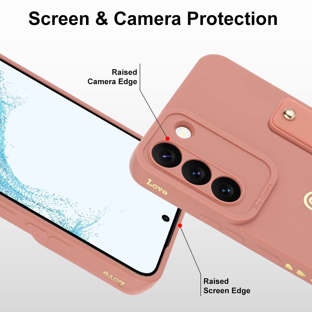 Fiyart Galaxy S22 5G Phone Case Love Hearts Pattern Slim Protective with Stand Wrist Strap Camera Protection TPU Pink