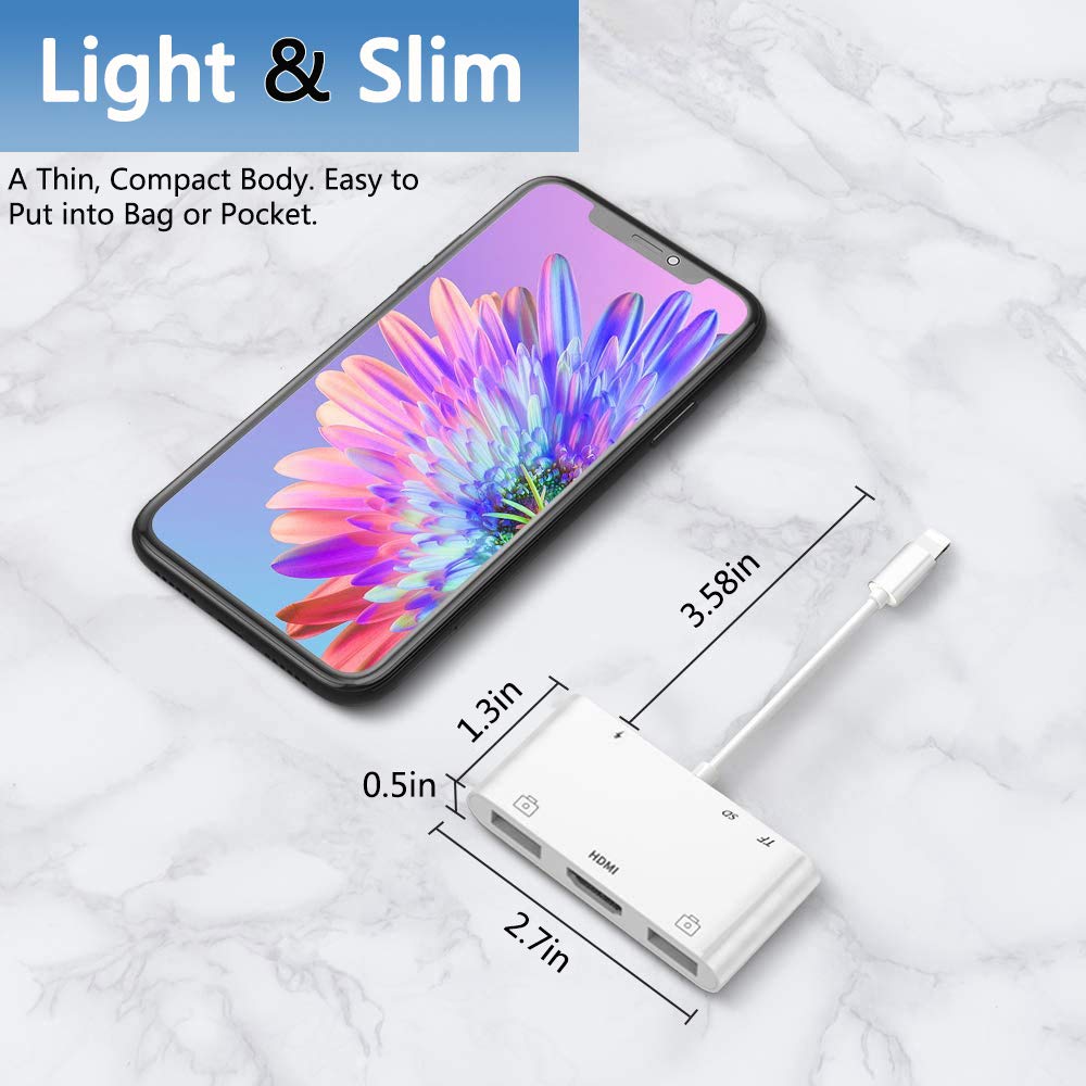 rosyclo 6-in-1 Lightning Hub Adapter for iPad & iPhone - HDMI, TF/SD Card Reader, USB Camera, Power Delivery - White