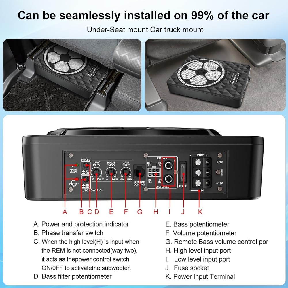 10 Inch 800W Slim Under Seat Car Subwoofer With Built-In Amplifier | High/Low Level Inputs | Remote Bass Control | For Car & Tru