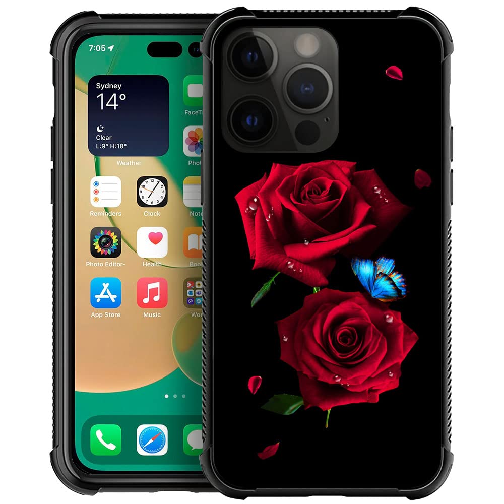 Tnxee Case Compatible With Iphone 14 Pro Case,Butterfly On Red Roses Pattern Design Case For Iphone 14 Pro Cases For Men Women C