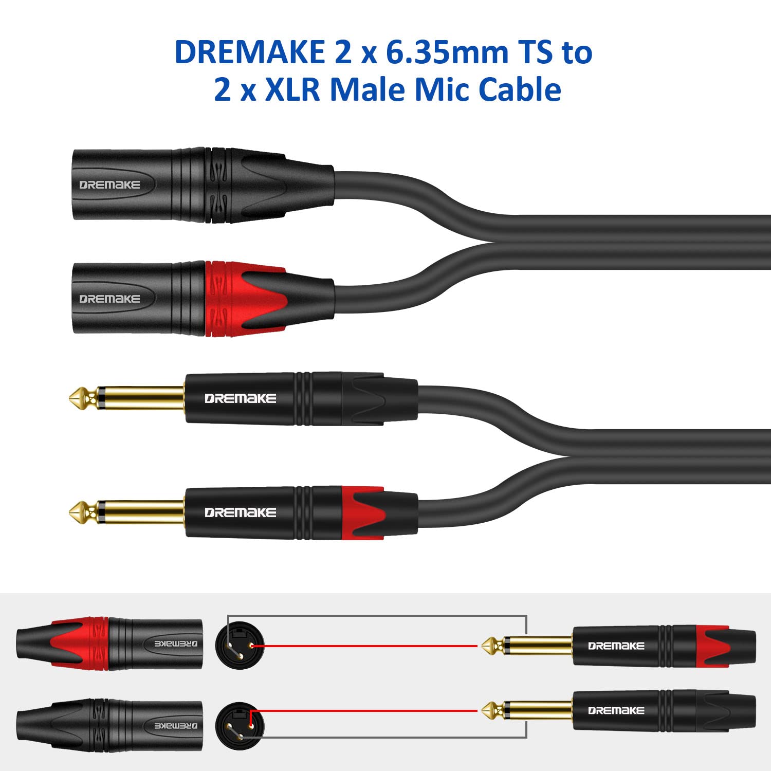 Dremake Dual 3 Pin Xlr Male To Dual 6.35Mm 1/4'' Ts Mono Microphone Patch Cable, 3Ft/1.0M Xlr To Ts 1/4'' 6.35Mm Splitter Adapte
