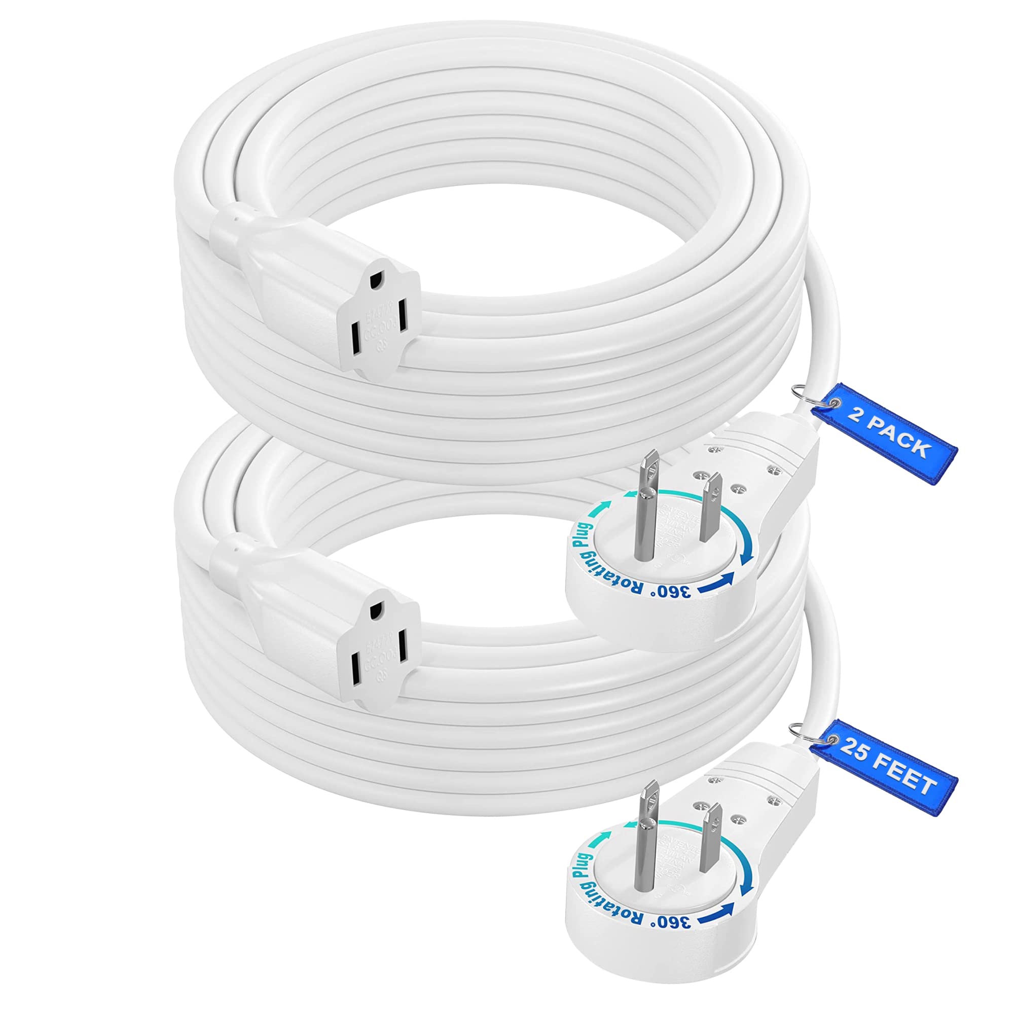 Maximm Extension Cord 25 Feet White (2 Pack) Flat Plug, 360? Rotating Power Cord Single Outlet, Indoor 16 Gauge 3 Prong Grounded