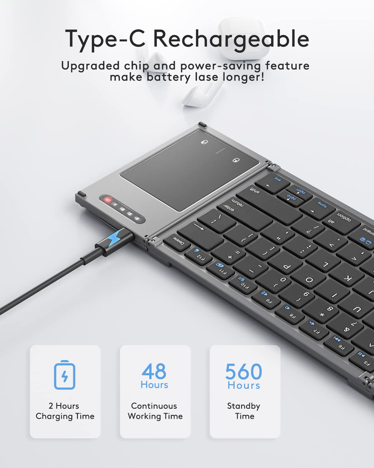 Samsers Foldable Bluetooth Keyboard With Touchpad, Full Size Wireless Folding Holder, Rechargeable Portable Travel For Ios Andro