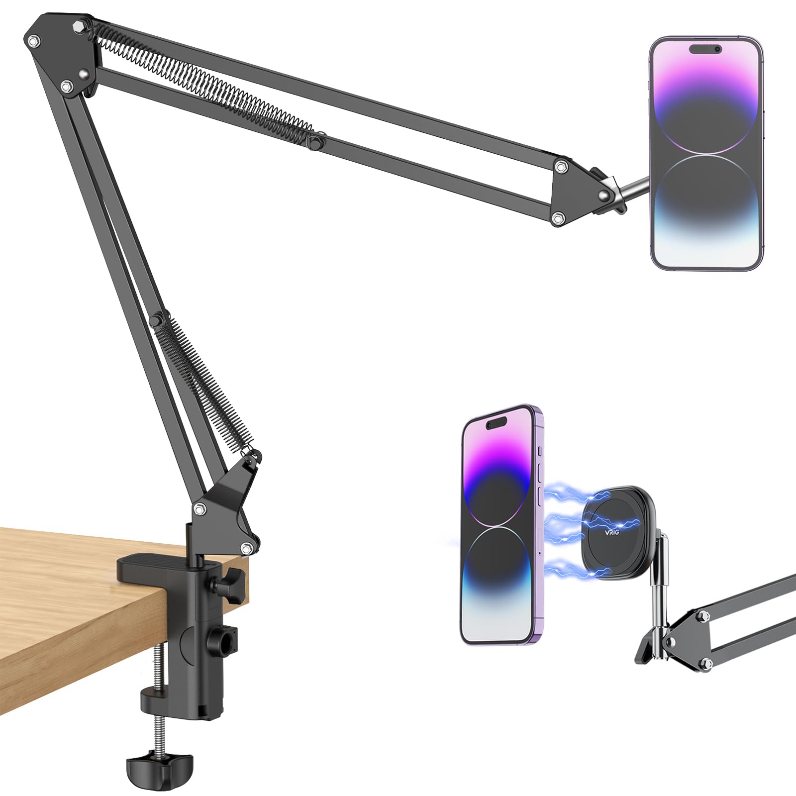 Vrig Magnetic Phone Holder Mount For Desk,Magsafe Flexible Overhead Phone Mount Stand,360 Free Adjustable Long Arm Cell Phone St